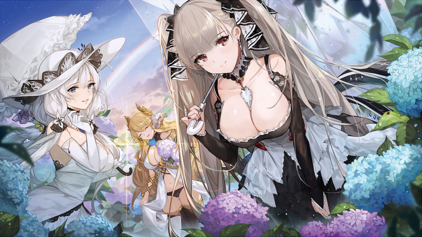 3girls, azur_lane, bare_shoulders, between_breasts, black_dress, blonde_hair, blue_eyes, blue_sky