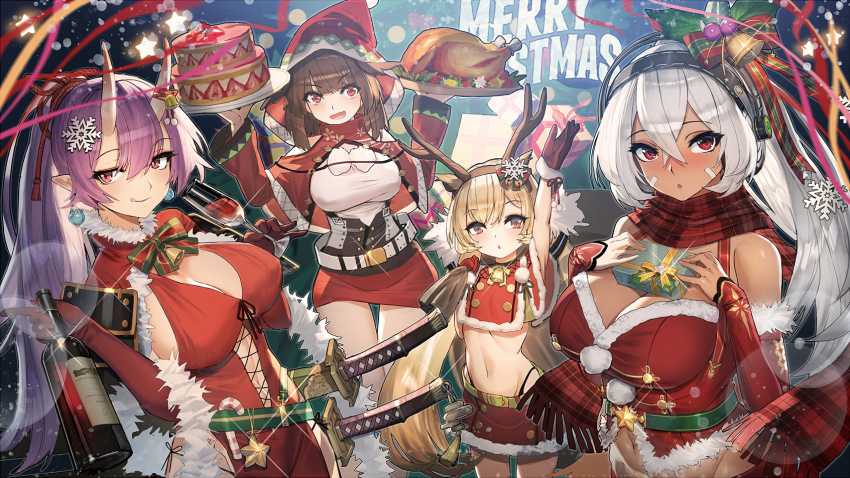 4girls, alternate_breast_size, alternate_costume, antlers, arm_up, azur_lane, bare_shoulders, bell