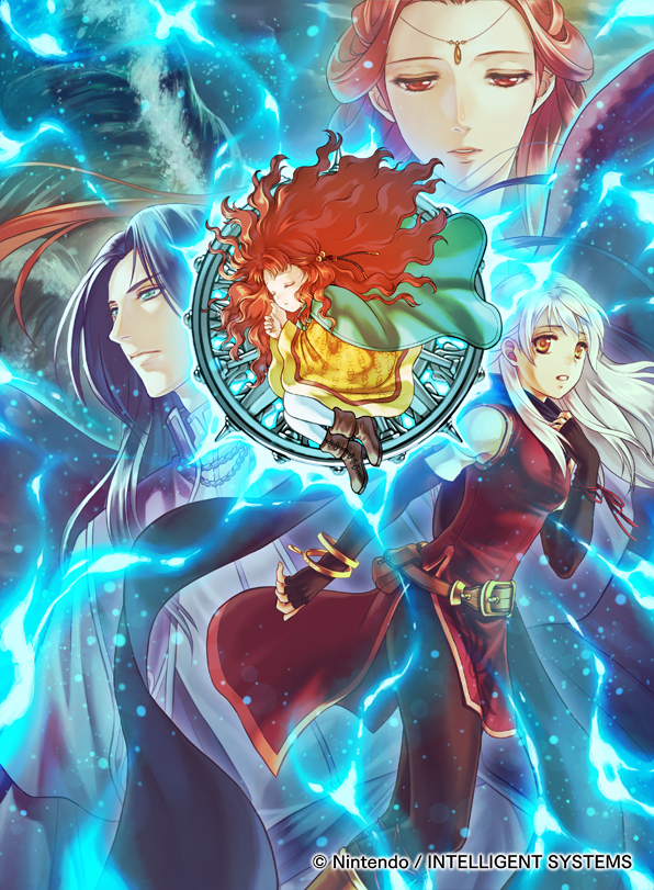 1boy, 3girls, ashunera_(fire_emblem), bangle, bare_shoulders, belt, black_gloves, black_legwear, blue_fire, blue_hair, blue_scarf, boots, bracelet, circlet, closed_eyes, dress, elbow_gloves, fingerless_gloves, fire, fire_emblem, fire_emblem:_radiant_dawn, fire_emblem_cipher, gloves, hair_ribbon, half_updo, jewelry, kita_senri, long_hair, looking_to_the_side, medallion, micaiah_(fire_emblem), multiple_girls, nintendo, official_art, orange_hair, pantyhose, ribbon, scarf, sephiran_(fire_emblem), side_slit, silver_hair, sleeveless, sleeveless_dress, yellow_eyes, yune_(fire_emblem)