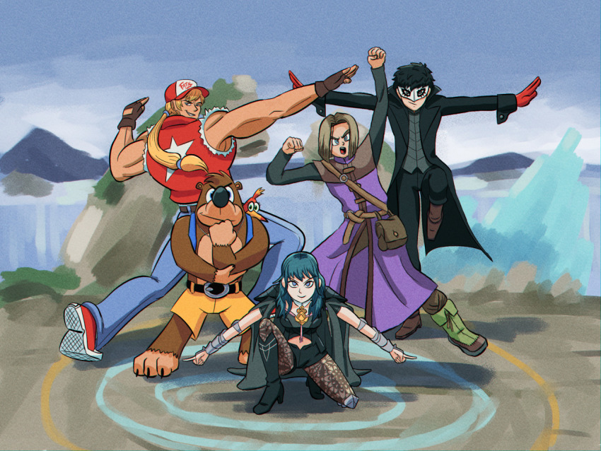 4boys, amamiya_ren, atlus, banjo-kazooie, banjo_(banjo-kazooie), bear, bird, blonde_hair, blue_eyes, blue_hair, breasts, dragon_quest, dragonball_z, fatal_fury, female_byleth_(fire_emblem), fire_emblem, fire_emblem:_three_houses, full_body, ginyu_force_pose, gloves, grin, hand_up, hat, hero_(dq11), jacket, kazooie_(banjo-kazooie), legs, long_hair, looking_at_viewer, mask, multiple_boys, nintendo, open_mouth, pantyhose, peppertroopa, persona, persona_5, ponytail, short_hair, shorts, smile, snk, square_enix, super_smash_bros., terry_bogard
