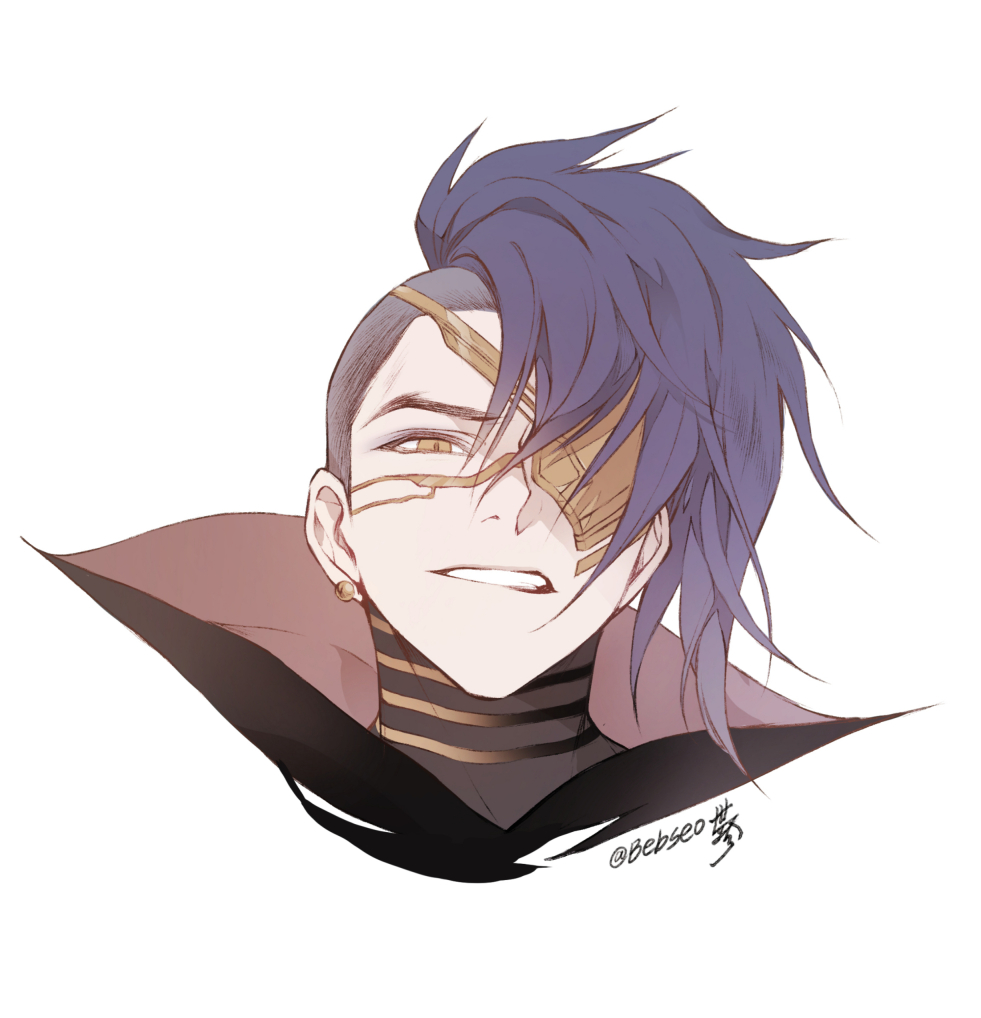 1boy, alternate_costume, alternate_hairstyle, bebseo, blue_hair, earrings, eyepatch, jewelry