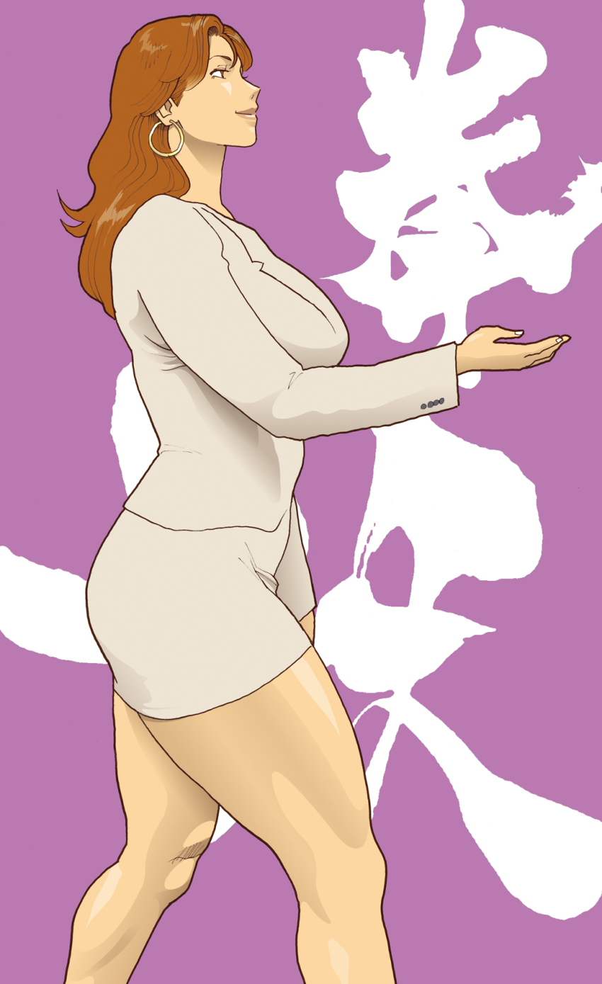 1girl, brown_eyes, brown_hair, cao_li, earrings, female_focus, formal_clothes, highres, hoop_earrings, jewelry, lipstick, long_hair, looking_up, makeup, miniskirt, muscular, nappii_(nappy_happy), office_lady, original, pencil_skirt, simple_background, skin_tight, skirt, skirt_suit, solo, suit, thick_thighs, thighs, toned