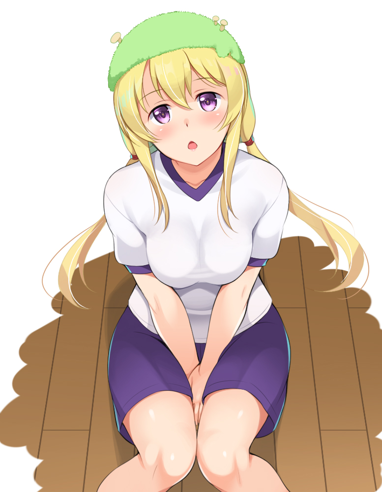 1girl, arms_between_legs, blonde_hair, blue_shorts, breasts, female_focus, floor, gym_uniform