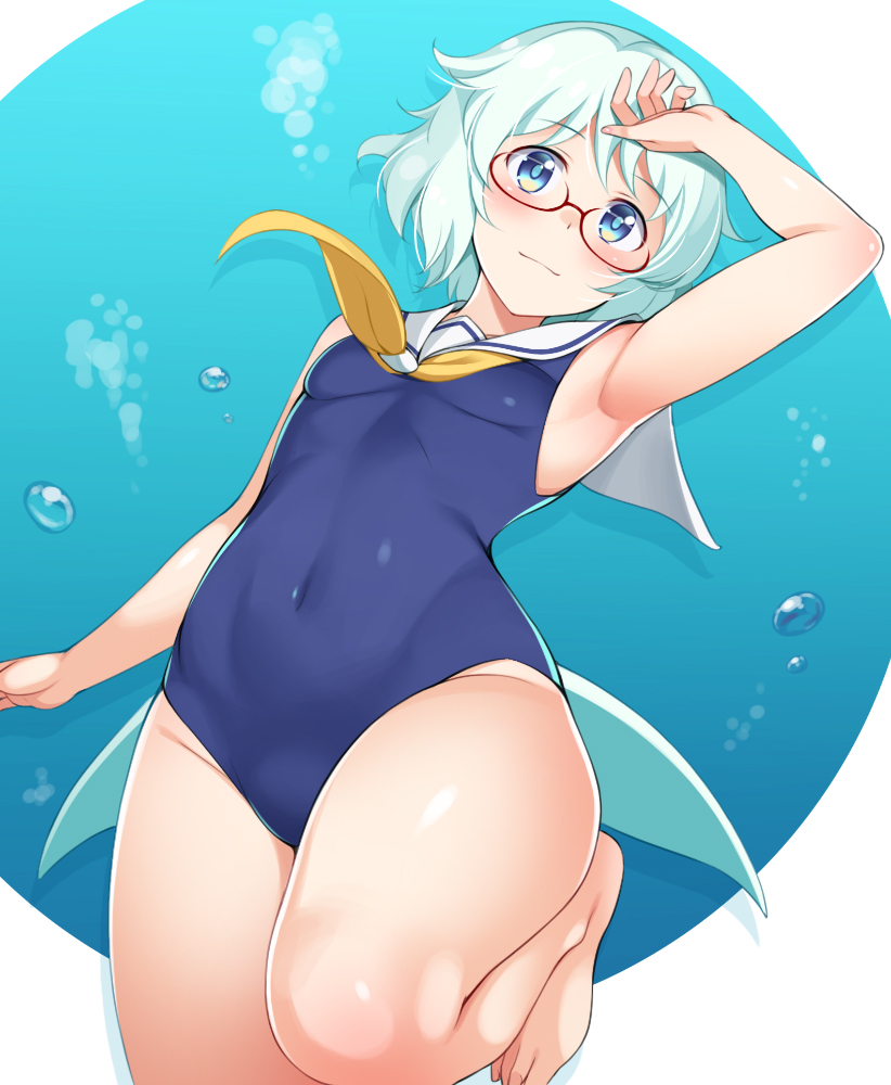 1girl, air_bubble, animal_ears, aqua_hair, arm_up, blue_eyes, breasts, bubble, cowboy_shot, female_focus, fins, glasses, hand_on_forehead, highleg, highleg_one-piece_swimsuit, honda_naoki, murenase!_shiiton_gakuen, one-piece_swimsuit, open_mouth, red-framed_eyewear, sailor_collar, semi-rimless_eyewear, shiiton_gakuen_school_uniform_(sea_branch), shiraumi_kana, short_hair, small_breasts, solo, swimsuit, tail, thighs, under-rim_eyewear, underwater, water, whale_girl, white_hair, yellow_neckwear