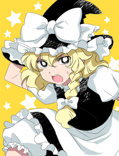 1girl, :o, apron, black_eyes, black_hat, black_skirt, black_vest, blonde_hair