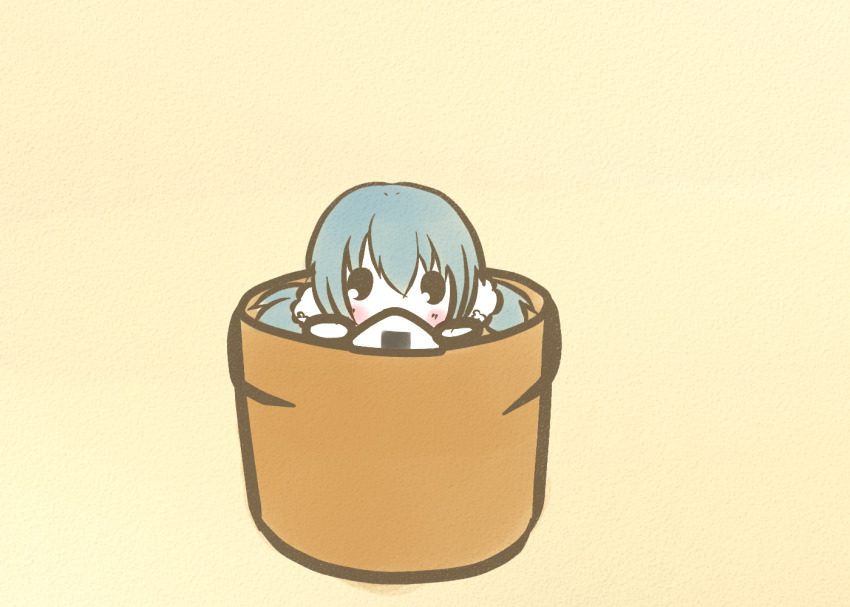 1girl, beige_background, blue_hair, blush, chibi, female_focus, flower_knight_girl, flower_pot