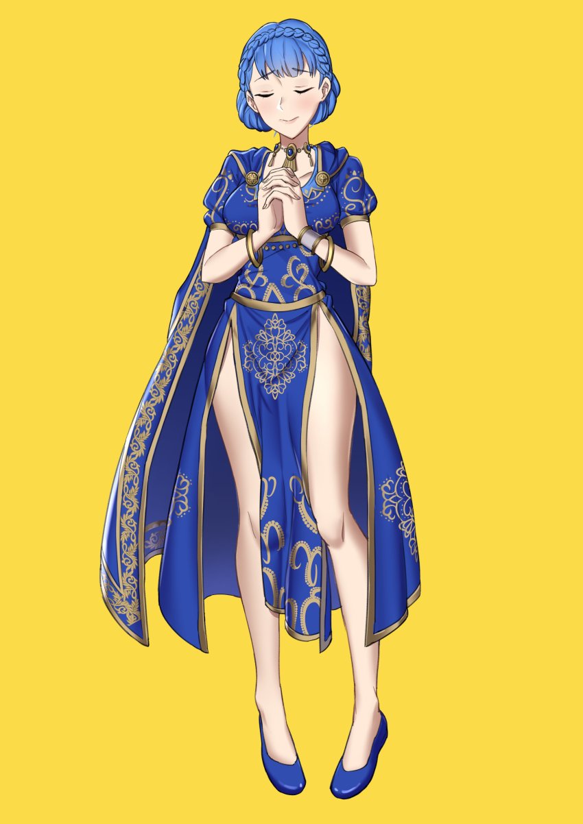 1girl, absurdres, asian_indian_clothes, blue_hair, bracelet, braid, closed_eyes, closed_mouth, cosplay, crown_braid, ebinku, fate/grand_order, fate_(series), female_focus, fire_emblem, fire_emblem:_three_houses, full_body, highres, jewelry, marianne_von_edmund, marianne_von_edmund_(timeskip), matou_sakura, necklace, nintendo, own_hands_clasped, own_hands_together, parvati_(fate), parvati_(fate)_(cosplay), parvati_(third_ascension)_(fate), simple_background, solo, yellow_background