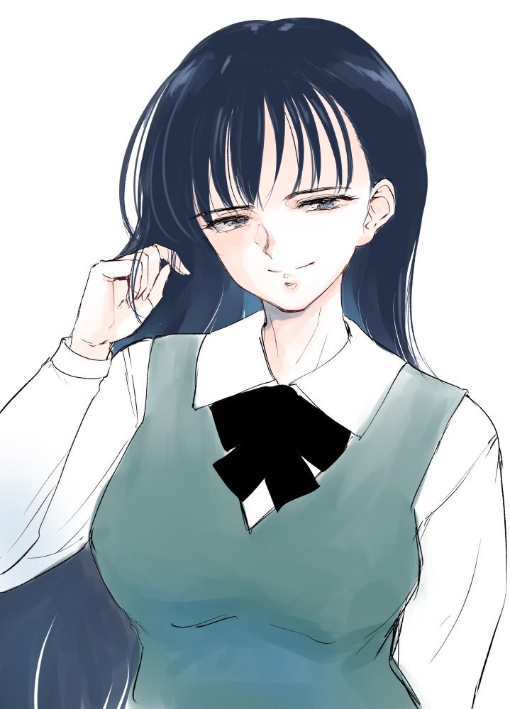 1girl, bifidus, black_eyes, black_hair, breasts, closed_mouth, female_focus, hand_in_own_hair, kita_e, large_breasts, neck_ribbon, ribbon, sakyou_hayaka, school_uniform, smile, solo, upper_body