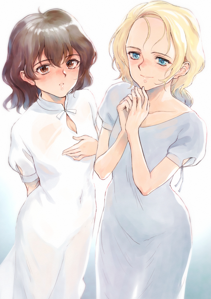 2girls, arm_behind_back, bifidus, blonde_hair, blue_dress, blue_eyes, brown_eyes, brown_hair