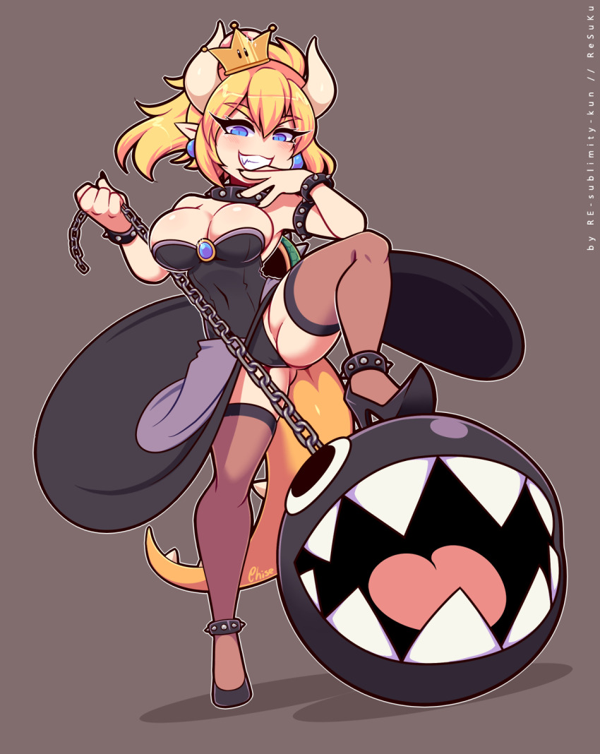 1girl, anklet, armlet, bare_shoulders, black_dress, black_nails, black_shoes, blonde_hair, blue_eyes, bowsette, bracelet, breasts, chain, chain_chomp, cleavage, collar, commentary, crown, dress, earrings, english_commentary, eyes_visible_through_hair, fang, female_focus, fingernails, full_body, grey_background, grin, hair_between_eyes, hand_to_own_mouth, high_heels, highres, horns, jewelry, large_breasts, long_fingernails, looking_at_viewer, mario_(series), mini_crown, nail_polish, new_super_mario_bros._u_deluxe, nintendo, outline, pointy_ears, ponytail, re-sublimity-kun, sharp_teeth, shoes, simple_background, smile, solo, spiked_anklet, spiked_armlet, spiked_bracelet, spiked_collar, spiked_shell, spiked_tail, spikes, strapless, strapless_dress, super_crown, tail, teeth, thick_eyebrows, thighhighs, turtle_shell, v-shaped_eyebrows, watermark, web_address, white_outline