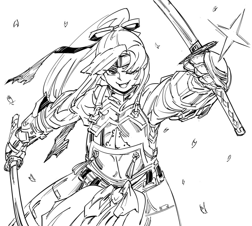 1girl, :d, armor, bad_id, bb_(baalbuddy), breastplate, dual_wielding, etrian_odyssey, fang, female_focus, gauntlets, greyscale, hair_ribbon, headband, highres, holding, holding_sword, holding_weapon, inactive_account, japanese_armor, katana, looking_at_viewer, monochrome, one_eye_closed, open_mouth, petals, ponytail, ribbon, sekaiju_no_meikyuu, sekaiju_no_meikyuu_3, shogun_(sekaiju), shogun_2_(sekaiju), smile, solo, sparkle, standing, sword, tassel, weapon, white_background