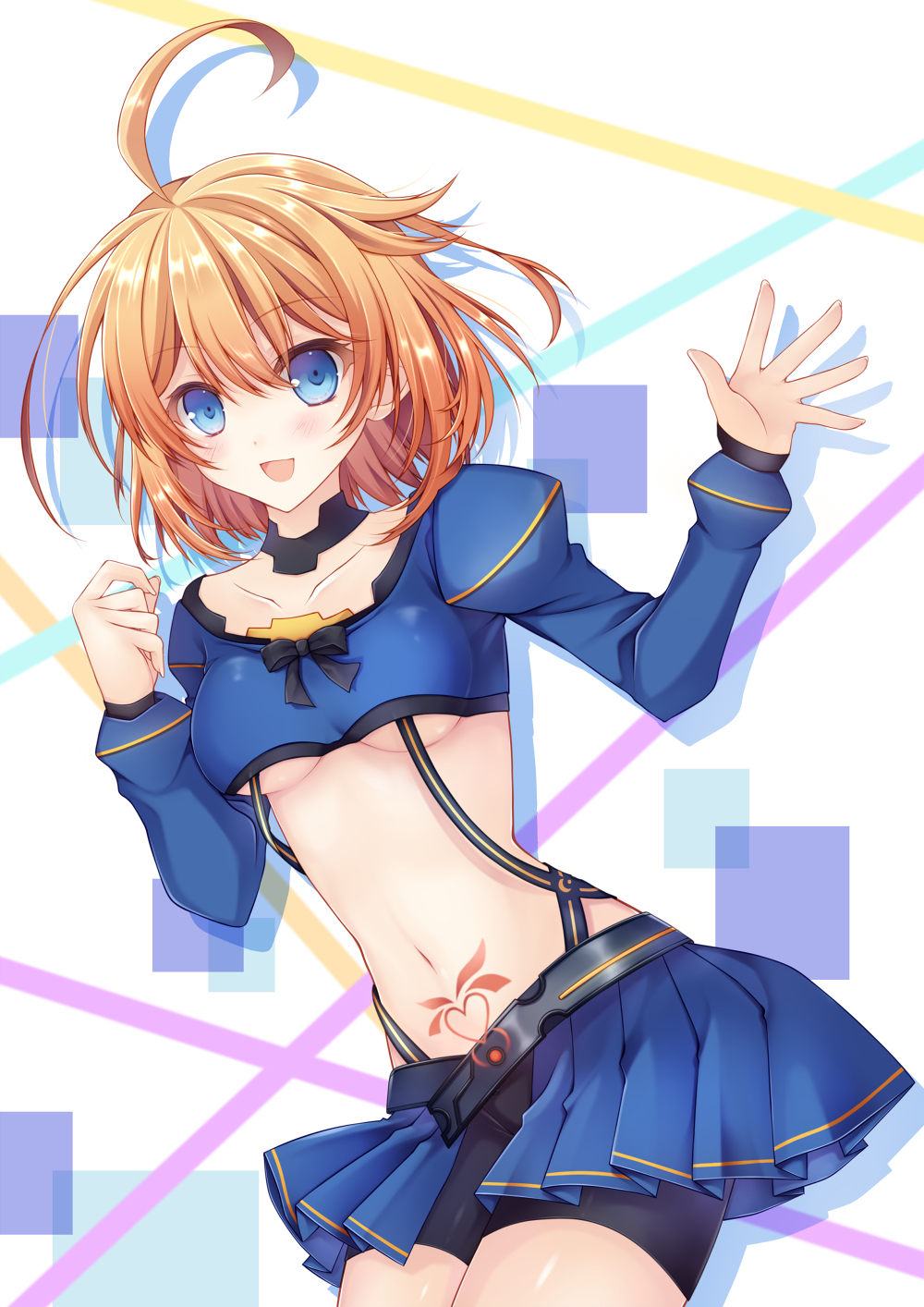 .live, 1girl, :d, ahoge, bad_id, bad_pixiv_id, belt, bike_shorts