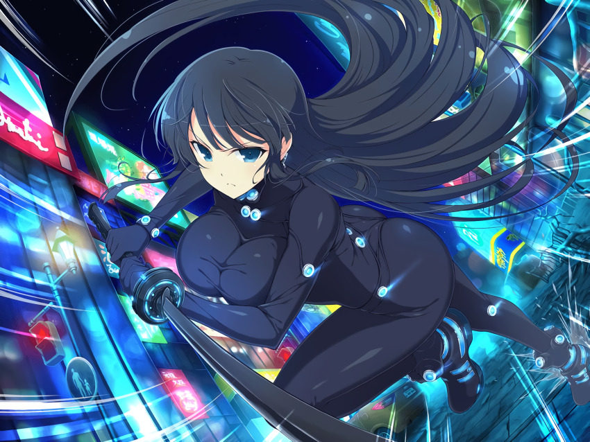 1girl, ass, black_hair, blue_eyes, bodysuit, breasts, car, closed_mouth, crossover, female_focus, floating_hair, gantz, gantz_suit, gantz_sword, gloves, highres, holding, holding_weapon, ikaruga_(senran_kagura), katana, lamppost, large_breasts, long_hair, motion_lines, motor_vehicle, neon_trim, night, official_art, outdoors, road, road_sign, senran_kagura, senran_kagura_new_link, sign, skin_tight, solo, street, sword, v-shaped_eyebrows, very_long_hair, weapon, yaegashi_nan