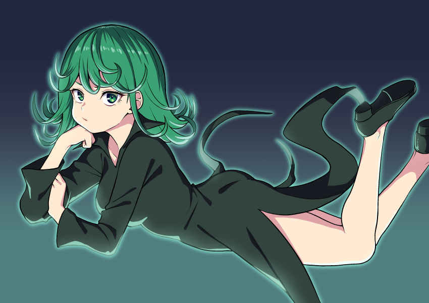 1girl, absurdres, ass, bare_legs, black_dress, black_footwear, blue_background, breasts, closed_mouth, commentary_request, curly_hair, dia_(yvirus68), dress, feet_up, female_focus, gradient_background, green_eyes, green_hair, hand_on_own_chin, highres, long_sleeves, looking_at_viewer, lying, matching_hair/eyes, medium_breasts, medium_hair, midair, on_stomach, one-punch_man, side_slit, solo, tatsumaki, telekinesis, v-shaped_eyebrows