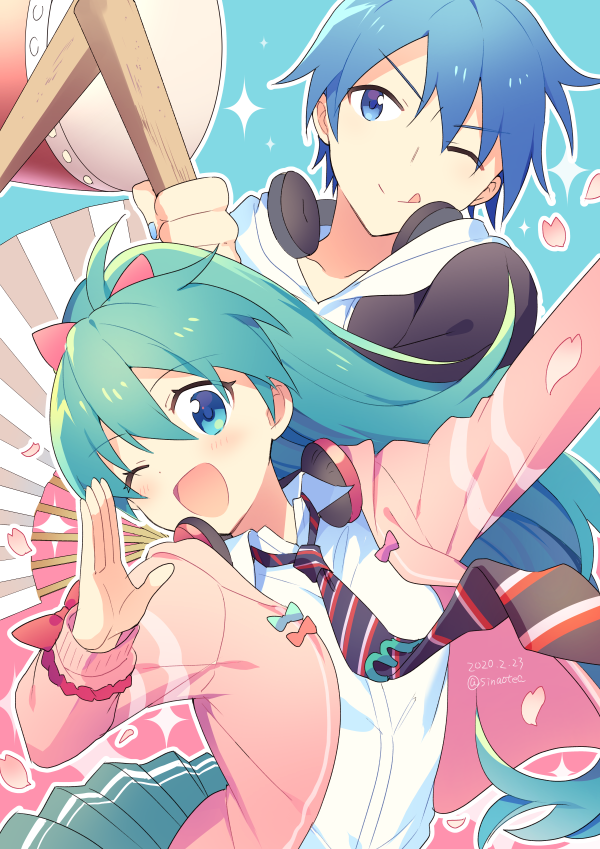 1boy, 1girl, :p, aqua_eyes, aqua_hair, aqua_skirt, blue_eyes, blue_hair