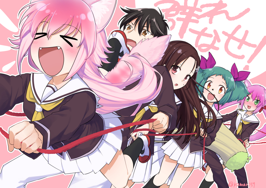 >_<, 1boy, 5girls, :o, absurdres, animal_ears, artist_name, black_hair