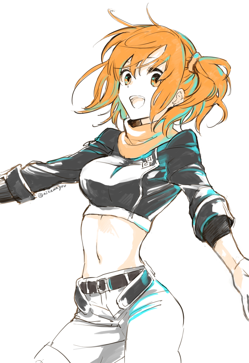 1girl, :d, ahoge, aikawa_you, belt, black_belt, black_shirt, bodysuit