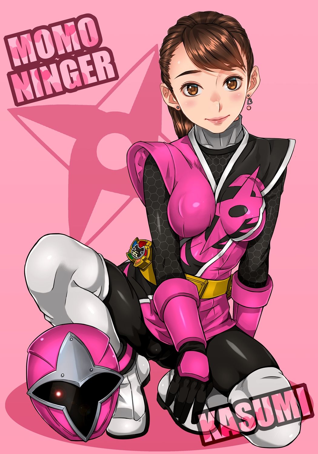 1girl, belt, blush, bodysuit, breasts, brown_hair, eyebrows, female_focus, highres, momo_ninger, momochi_kasumi, sakuradou, shuriken_sentai_ninninger, simple_background, smile, solo, squatting, super_sentai, thighs
