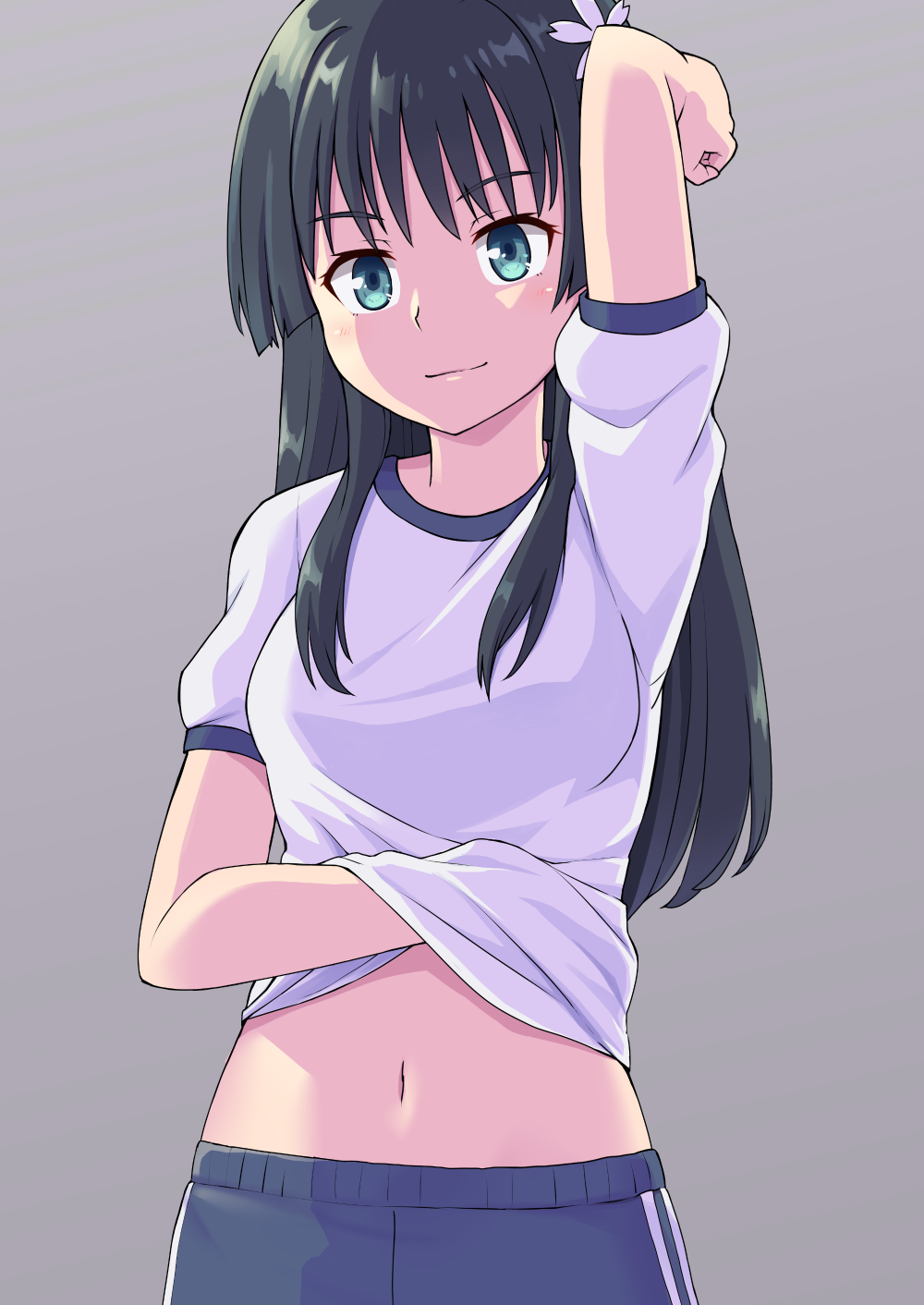 1girl, arm_up, black_hair, blue_shorts, breasts, closed_mouth, commentary_request, female_focus