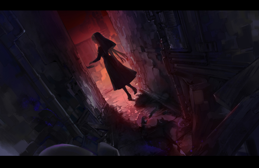 1girl, alley, backlighting, bianca_(npc)_(pgr), bianca_(pgr), blonde_hair, dark, debris, different_shadow, drainpipe, dress, from_behind, habit, highres, letterboxed, long_dress, long_hair, noir_(ibaraki), nun, nun_headdress, puddle, punishing:_gray_raven, shadow, solo_focus, standing, traditional_nun, very_long_hair, wide_shot
