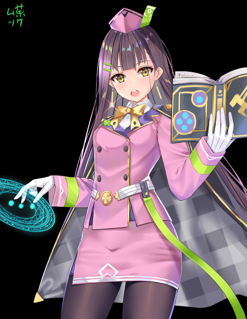 1girl, :o, absurdres, black_background, black_pantyhose, book, bow, clover, earrings, epic_seven, female_focus, four-leaf_clover, glint, gloves, hair_ornament, hairclip, hazel_(epic_seven), highres, jewelry, long_hair, magic_circle, mascot_hazel_(epic_seven), muka_tsuku, open_book, pantyhose, pencil_skirt, pink_headwear, pink_shirt, shirt, skirt, solo, standing, white_gloves, yellow_bow, yellow_eyes