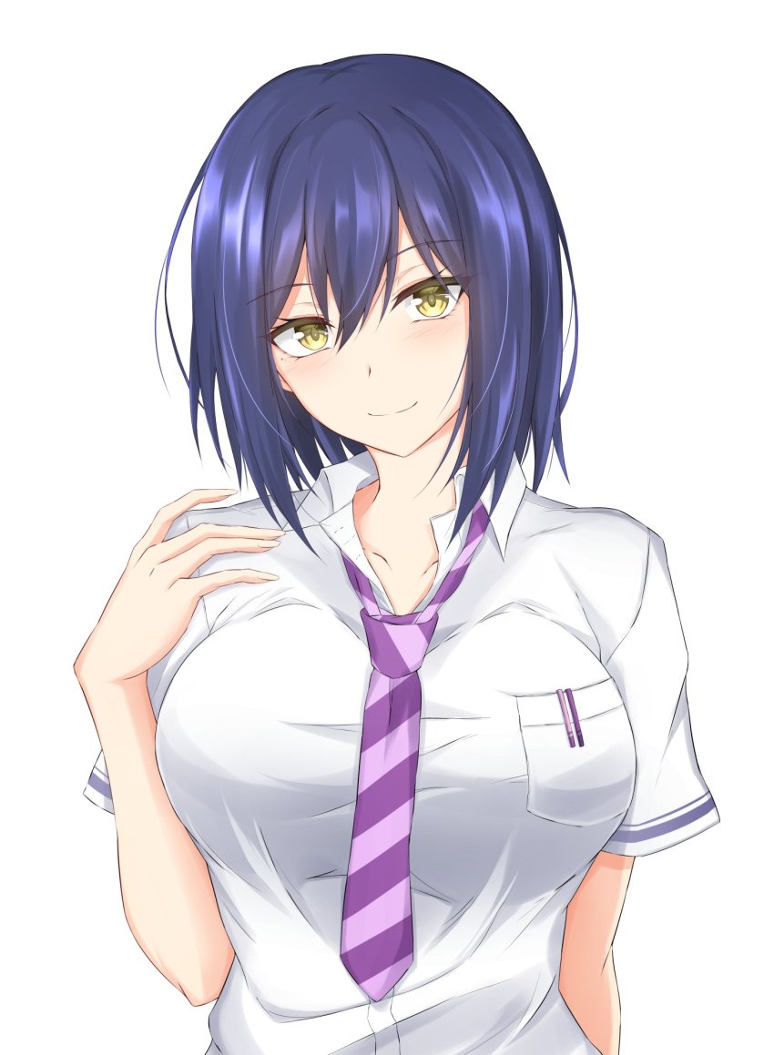 1girl, blue_hair, blush, breast_pocket, breasts, collarbone, commentary_request, diagonal-striped_clothes