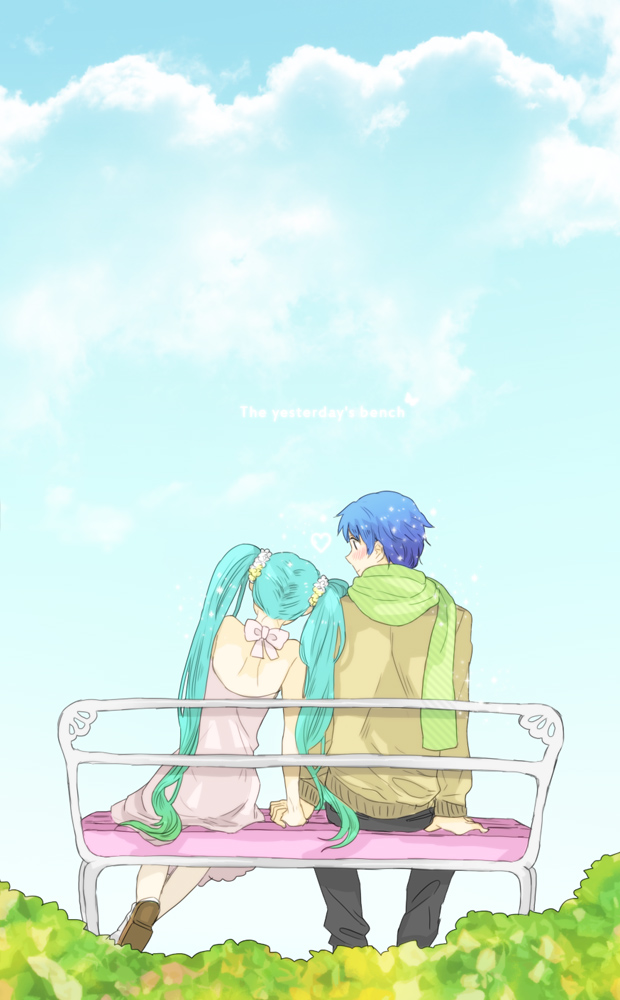 1boy, 1girl, aqua_hair, bad_id, bad_pixiv_id, bare_shoulders, bench, blue_eyes
