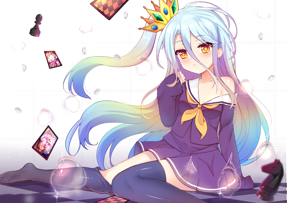 1girl, bare_shoulders, blue_hair, blue_thighhighs, card, checkered_floor, chess_piece, crown