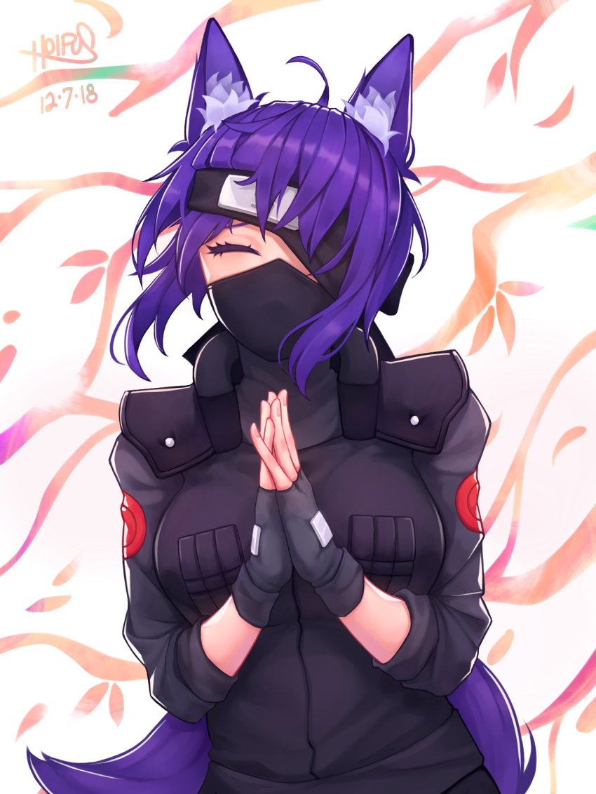 1girl, absurdly_long_hair, ahoge, animal_ears, artist_name, black_gloves, borrowed_character, breasts, closed_eyes, commission, cosplay, dated, female_focus, fingerless_gloves, gloves, happy, hatake_kakashi, hatake_kakashi_(cosplay), highres, hoipus, large_breasts, long_hair, long_sleeves, looking_at_viewer, naruto_(classic), naruto_(series), original, purple_hair, signature, solo, tail, very_long_hair, wolf_ears, wolf_tail