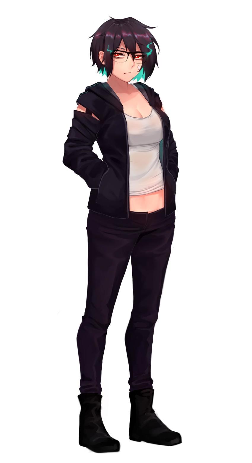 1girl, absurdres, bandage_on_face, bandages, black_hair, black_pants, borrowed_character, breasts