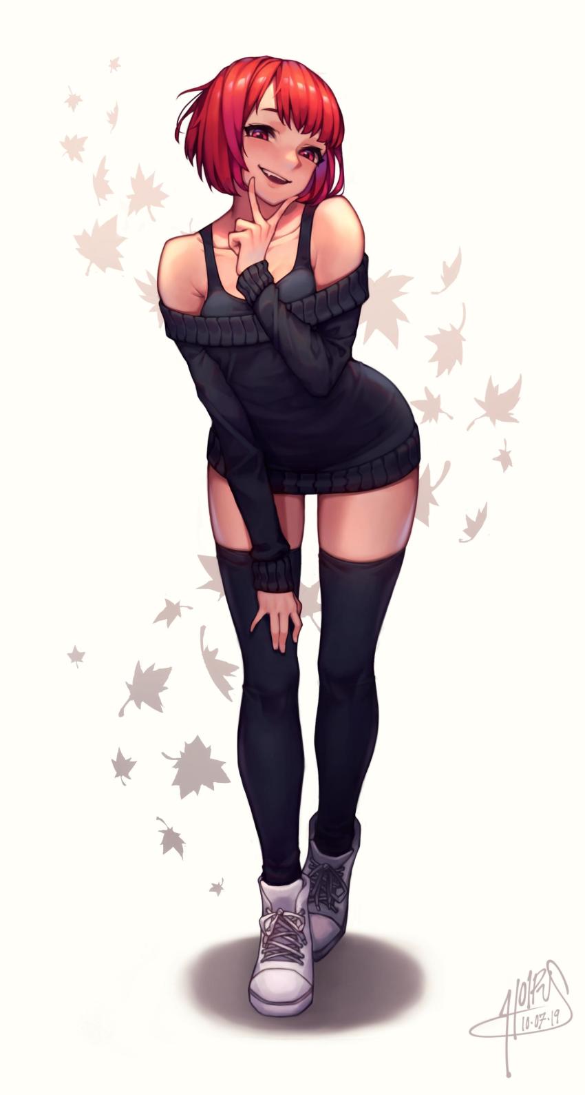 1girl, absurdres, black_bra, black_sweater, black_thighhighs, bra, collarbone, fang