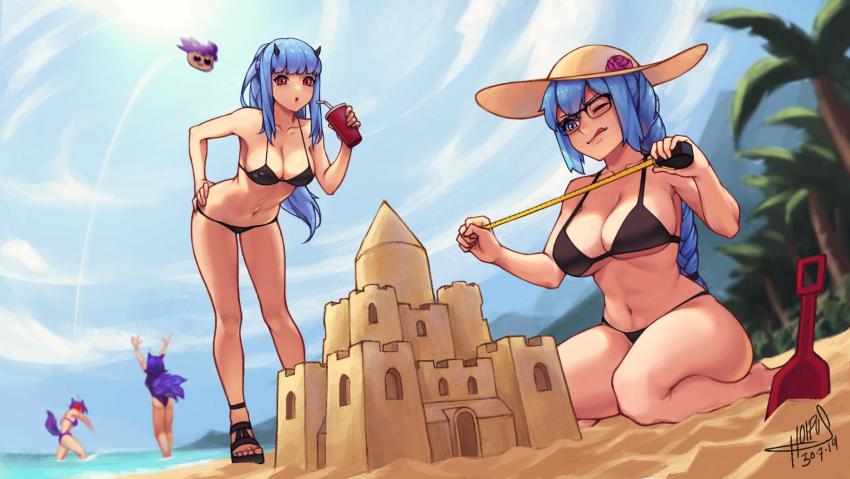 4girls, artist_name, beach, bikini, black-framed_eyewear, blue_eyes, blue_hair, braid