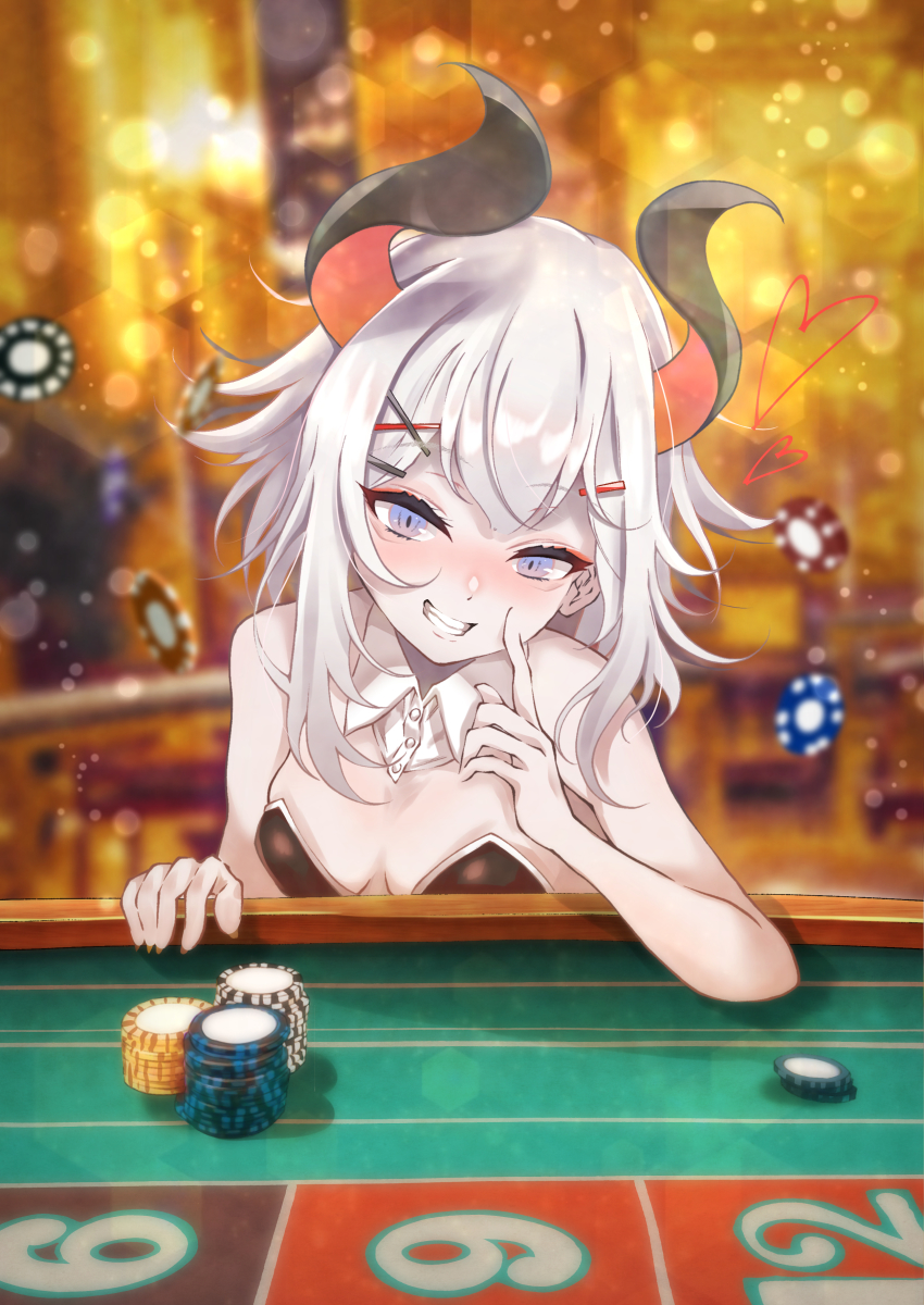 1girl, absurdres, bad_id, bad_pixiv_id, bare_shoulders, blue_eyes, blush, casino