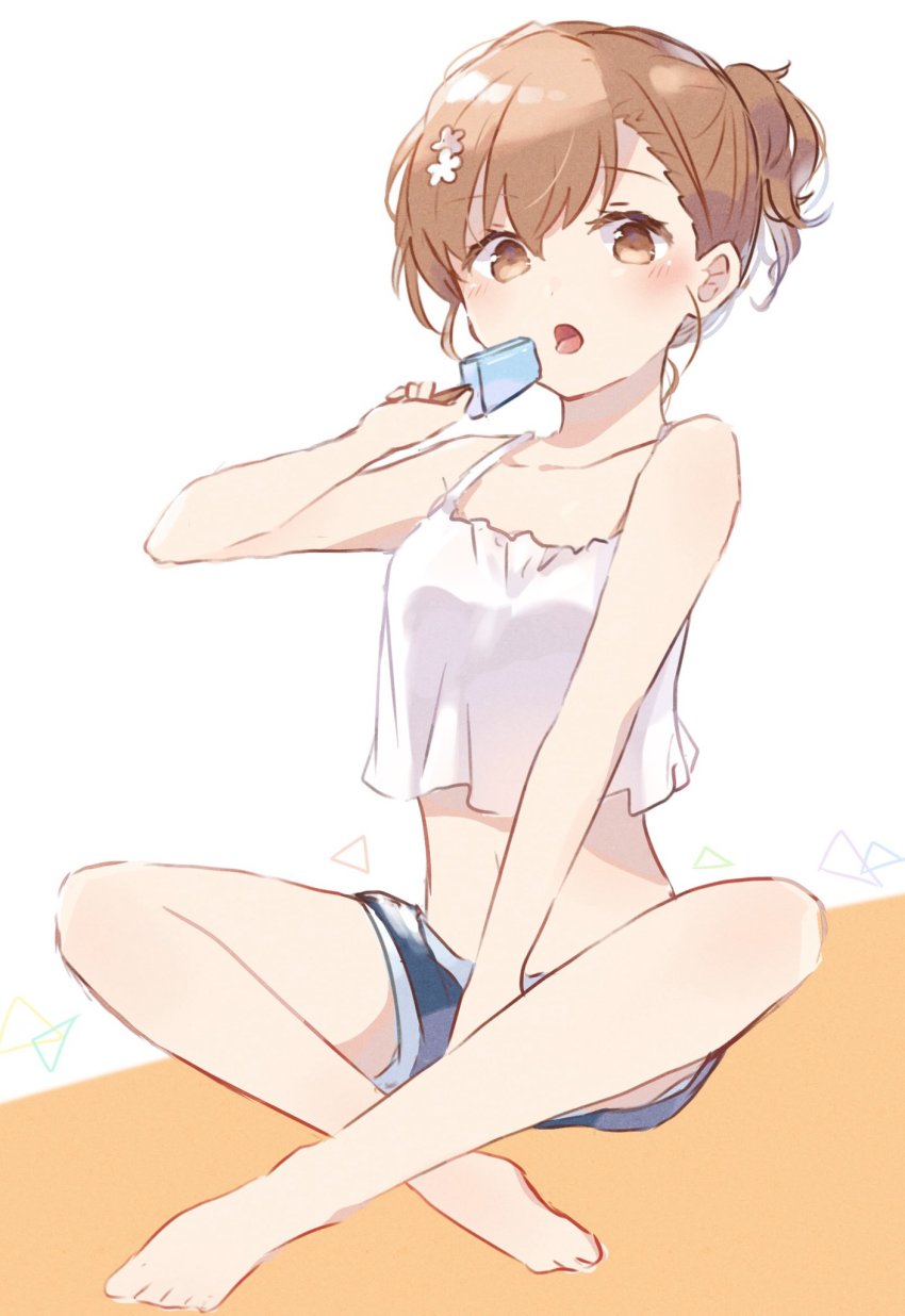 1girl, alternate_hairstyle, bare_shoulders, barefoot, blush, brown_eyes, brown_hair, camisole