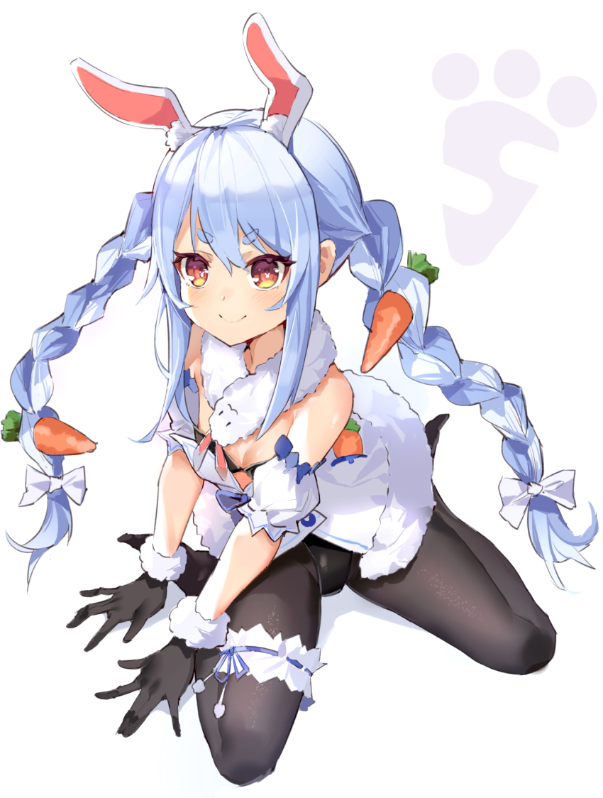 1girl, animal_ear_fluff, animal_ears, black_bra, black_gloves, black_leotard, black_pantyhose, blue_hair