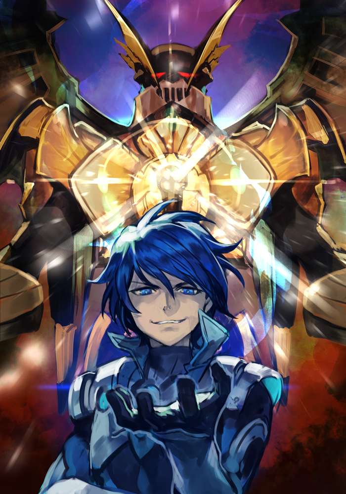 1boy, blue_eyes, blue_hair, chest_cannon, cobray_gordon, dis_astranagant, evil_smile, hungry_clicker