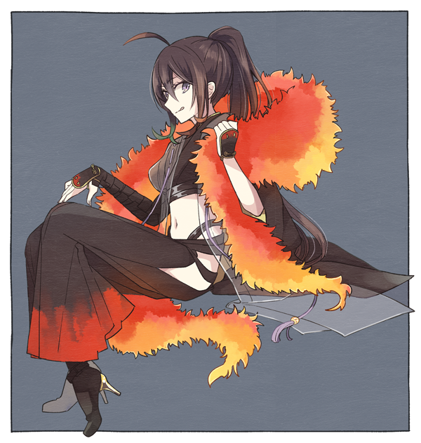 1boy, androgynous, black_hair, cosplay, crop_top, feather_boa, hakama, hakama_skirt