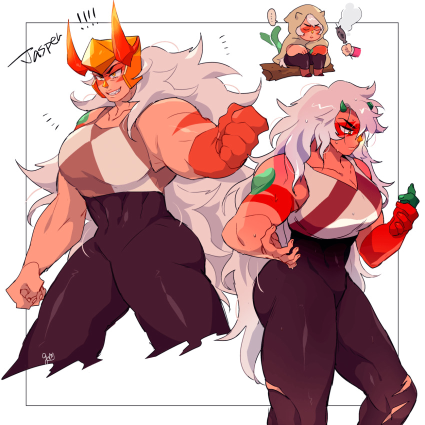 1girl, biceps, breasts, cloak, colored_skin, covered_navel, fake_horns, fish, gem, gram_quartz, helmet, highres, horned_helmet, horns, jasper_(steven_universe), large_breasts, long_hair, multicolored_skin, muscular, muscular_female, orange_skin, scar, sharp_teeth, sitting, smile, steven_universe, steven_universe_future, sweat, teeth, two-tone_skin, very_long_hair