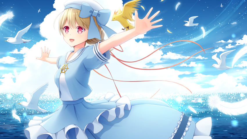 1girl, beret, bird, blonde_hair, blue_shirt, blue_skirt, breasts, cloud