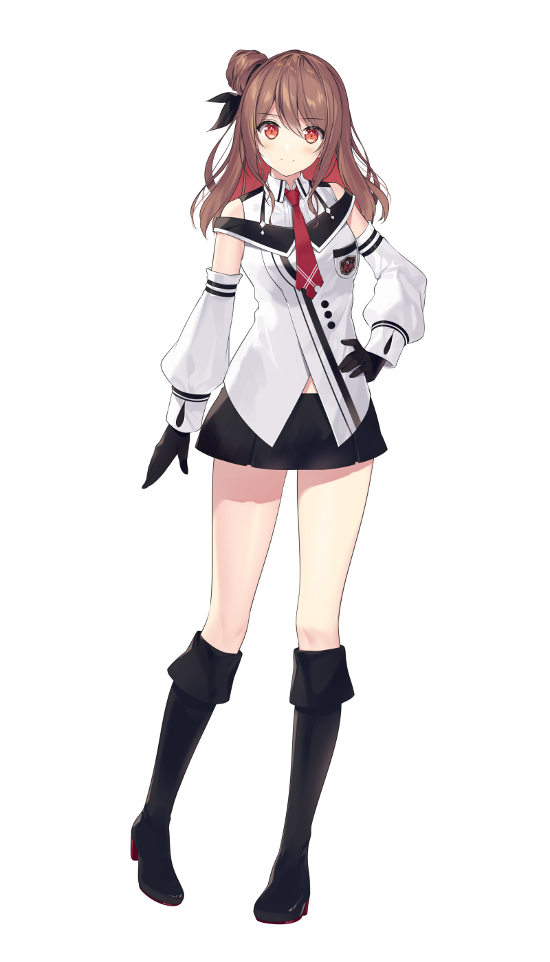 1girl, black_boots, blouse, boots, brown_hair, collared_shirt, female_focus, full_body, hair_between_eyes, hair_bun, hand_on_own_hip, highres, miniskirt, necktie, necomi, off_shoulder, red_necktie, shirt, simple_background, single_hair_bun, skirt, solo, standing, tagme, virtual_youtuber, white_shirt, yuzuriha_honami