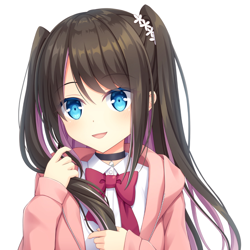 1girl, blue_eyes, blush, bow, bowtie, brown_hair, collar, collared_shirt