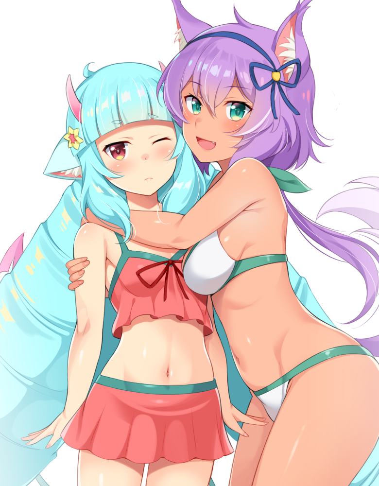2girls, animal_ears, bikini, bikini_skirt, blue_hair, blush, breasts, closed_mouth, commentary_request, delmin_(show_by_rock!!), drill_hair, fang, flower, green_eyes, groin, hair_flower, hair_ornament, honda_naoki, horns, hug, large_breasts, long_hair, looking_at_viewer, multiple_girls, navel, one_eye_closed, open_mouth, ponytail, purple_hair, red_bikini, red_eyes, ruhuyu_(show_by_rock!!), shiny_skin, show_by_rock!!, simple_background, small_breasts, smile, standing, swimsuit, tail, white_background, white_bikini, wolf_ears, wolf_tail
