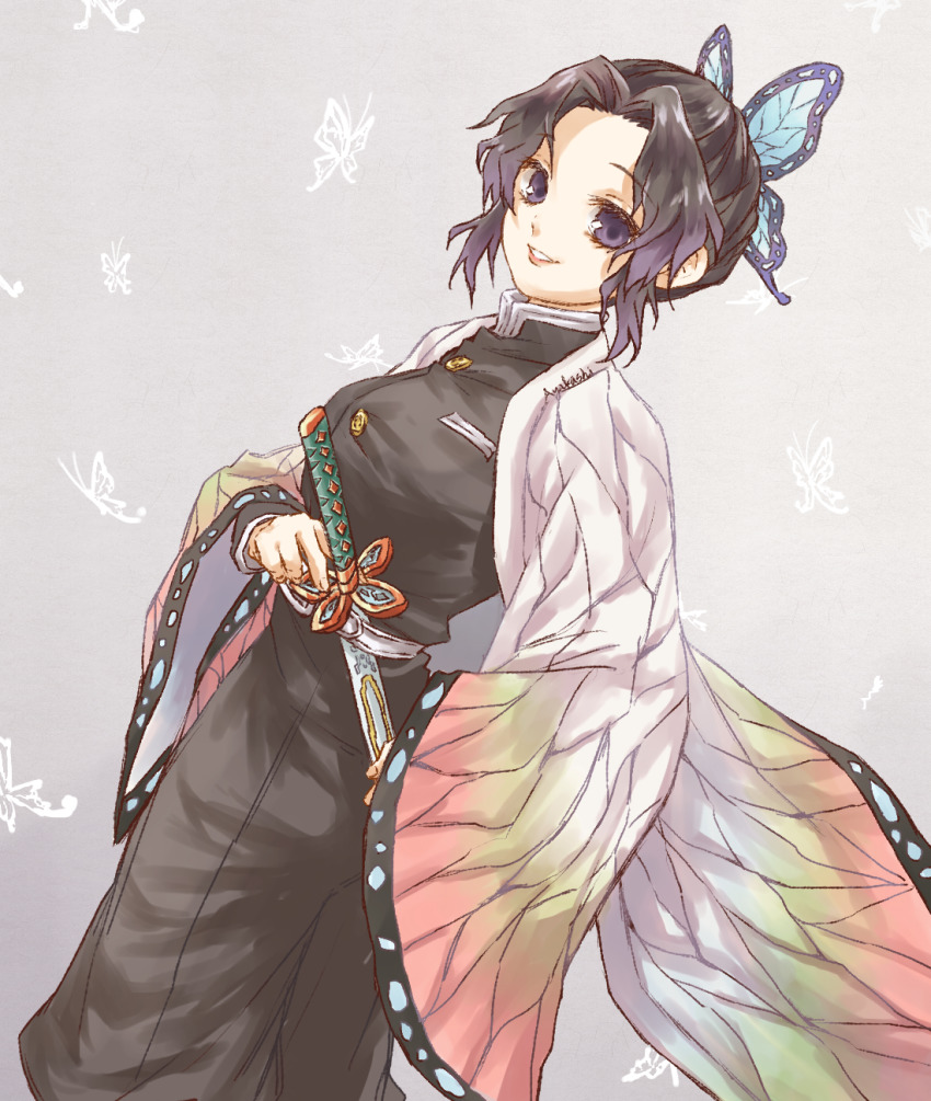 1girl, ayks, black_hair, bug, butterfly, butterfly_hair_ornament, female_focus, grey_background, hair_ornament, highres, insect, kimetsu_no_yaiba, kochou_shinobu, purple_eyes, smile, solo, sword, weapon