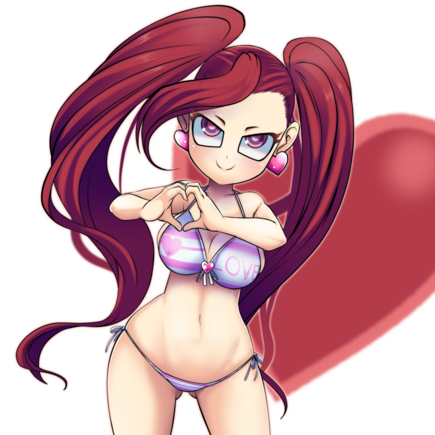 1girl, bikini, blush, boku_no_hero_academia, breasts, cleavage, cowboy_shot, earrings, female_focus, front-tie_bikini_top, front-tie_top, full_body, gluteal_fold, heart, heart_hands, highres, jewelry, la_brava, large_breasts, long_hair, looking_at_viewer, midriff, mikado_ryouma, navel, purple_eyes, red_hair, short_eyebrows, shortstack, side-tie_bikini_bottom, simple_background, smile, solo, string_bikini, swimsuit, thigh_gap, thighs, twintails, very_long_hair, wide_hips