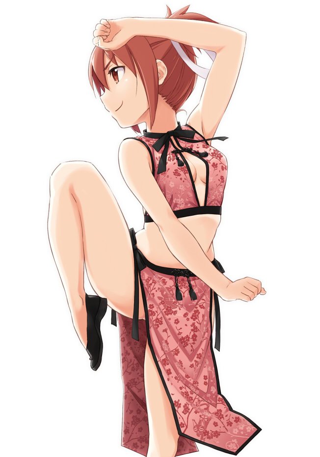 1girl, black_footwear, breasts, chinese_clothes, cleavage_cutout, clenched_hands, closed_mouth, clothing_cutout