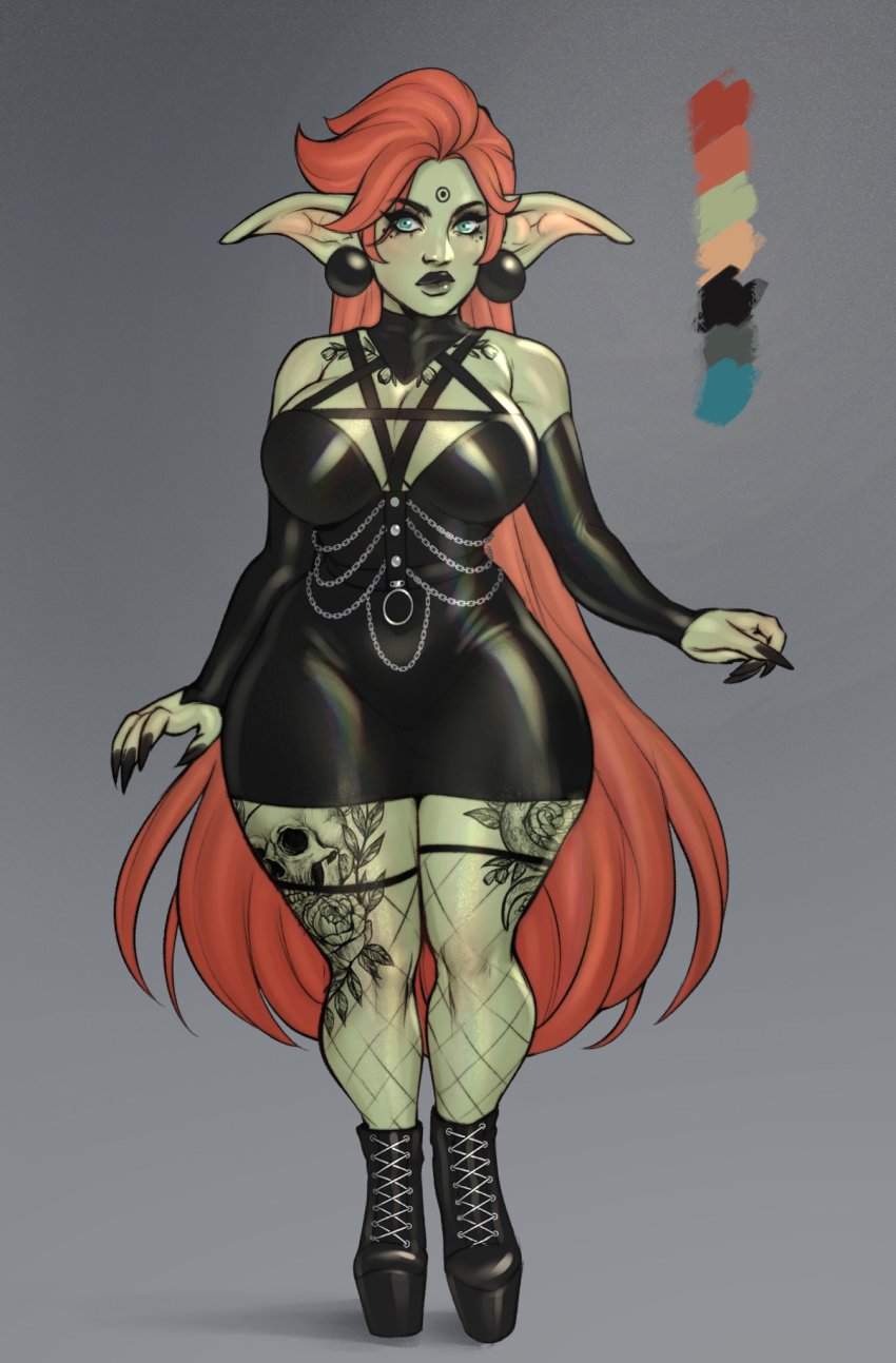 1girl, akira_raikou, ankle_boots, black_dress, black_lips, black_nails, black_sleeves, boots, breasts, chain, chest_tattoo, cleavage, collarbone, colored_skin, commentary, curvy, detached_collar, detached_sleeves, dress, earrings, english_commentary, eyeliner, eyeshadow, facial_mark, female_focus, female_goblin, fingernails, fishnet_thighhighs, fishnets, forehead_mark, full_body, goblin, goth_fashion, green_eyes, green_skin, grey_background, highres, jewelry, lace-up_boots, large_breasts, leg_tattoo, lipstick, long_hair, long_pointy_ears, looking_at_viewer, makeup, mole, mole_under_eye, monster_girl, nail_polish, nose, o-ring, orange_hair, original, over-kneehighs, platform_boots, platform_footwear, pointy_ears, sharp_fingernails, short_dress, shortstack, skin_tight, skull_tattoo, solo, standing, tattoo, thick_eyebrows, thick_thighs, thighhighs, thighs, very_long_hair, wide_hips