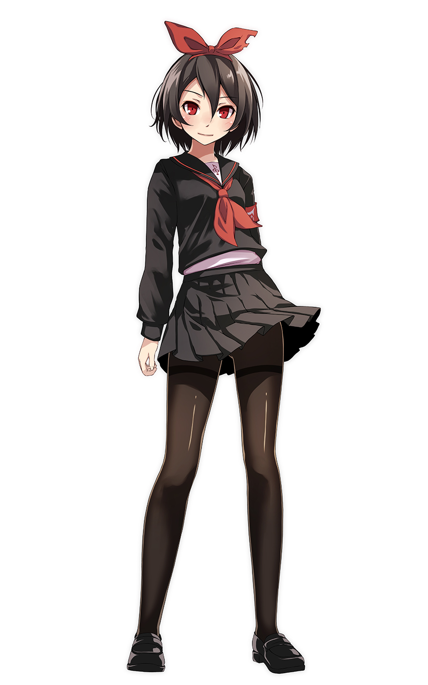 1girl, alternate_costume, alternate_eye_color, alternate_hair_color, armband, black_hair, black_pantyhose, black_serafuku, black_shirt, black_shoes, black_skirt, blush, bob_cut, commentary, female_focus, full_body, hair_between_eyes, hair_ribbon, hair_strand, hairband, highres, kagamine_rin, kagamine_rin_(astray), light_smile, loafers, looking_at_viewer, pantyhose, project_diva_(series), red_eyes, red_neckwear, red_ribbon, ribbon, school_uniform, serafuku, shirt, shoes, short_hair, simple_background, skirt, solo, torn_ribbon, tsukishiro_saika, vocaloid, white_background, white_shirt, wind, wind_lift