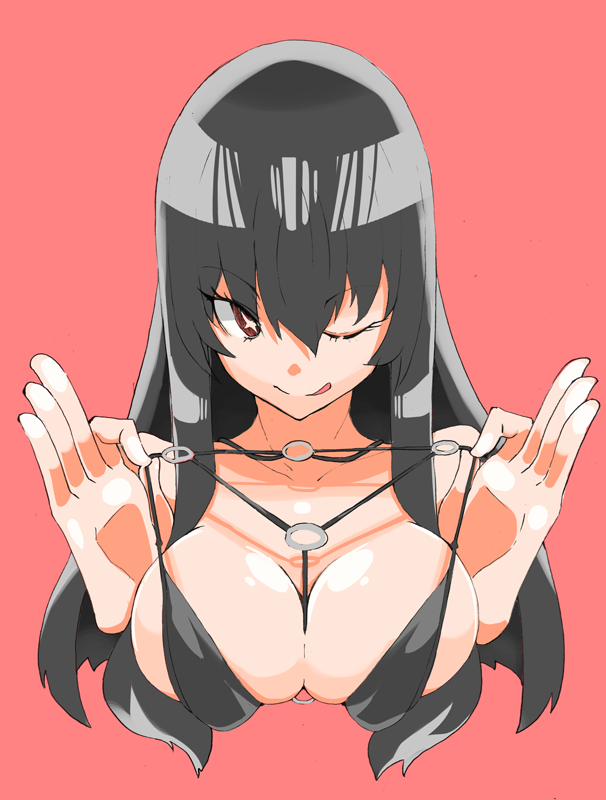 1girl, :p, b-kyuu_ocha, bare_shoulders, bikini, bikini_top_only, black_hair, breasts