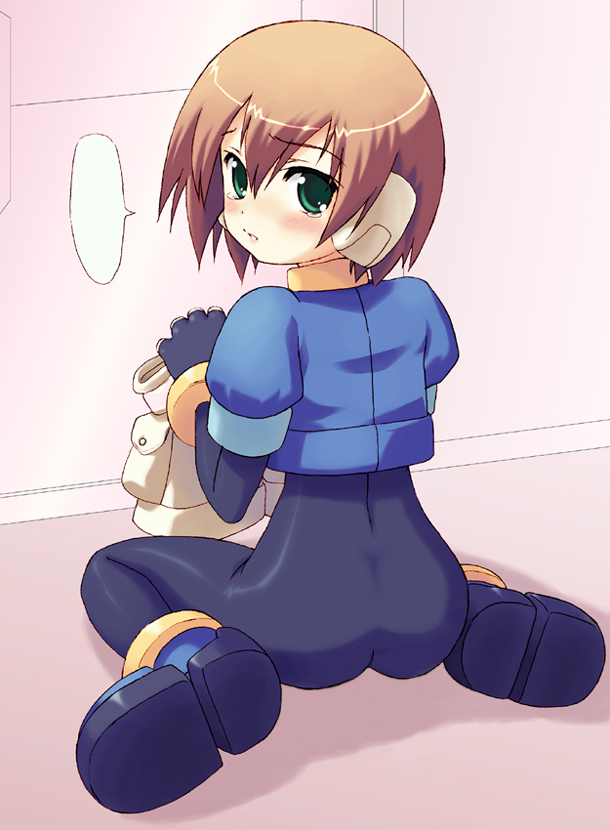 aile_(mega_man_zx), blush, bodysuit, brown_hair, capcom, from_behind, green_eyes, kneeling, looking_back, onnanoko_suwari, robot, mega_man_(series), mega_man_zx, short_hair, shorts, sitting, spandex, tears, undressing