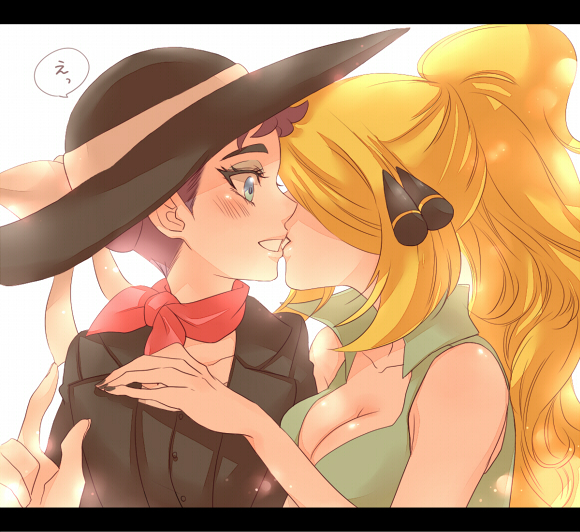 2girls, black_jacket, black_shirt, blazer, blonde_hair, blue_eyes, breasts, cleavage